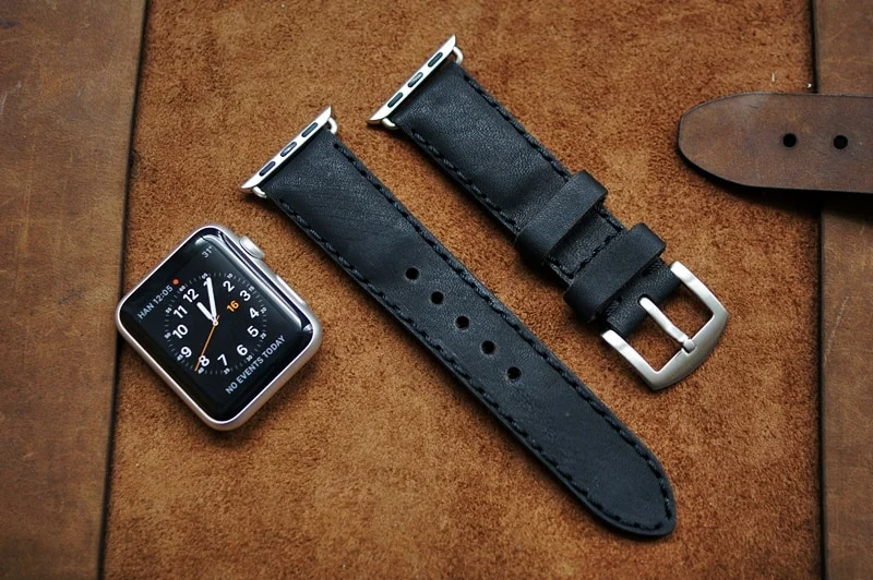 AWBF90-D123 BLACK handgefertigt Vintage Leder Uhrenarmband incl. Lugs Adapter für Apple Watch 1 und 2 (oder Apple Watch Sport) 42mm oder 38mm